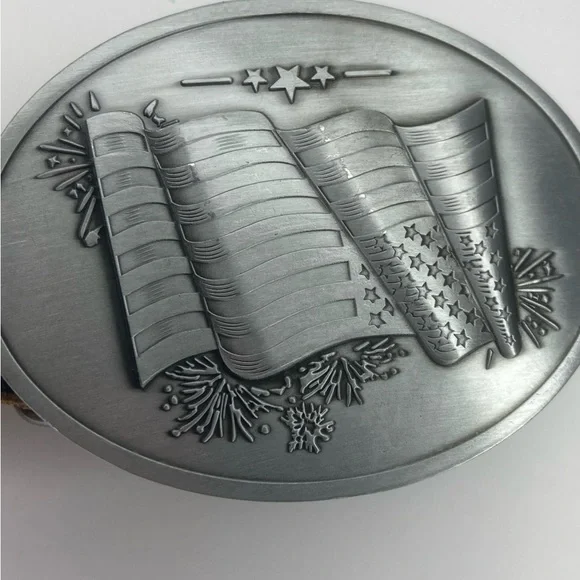 Western leather belt, solid metal buckle- American flag etching.size 38 … - Picture 1 of 11